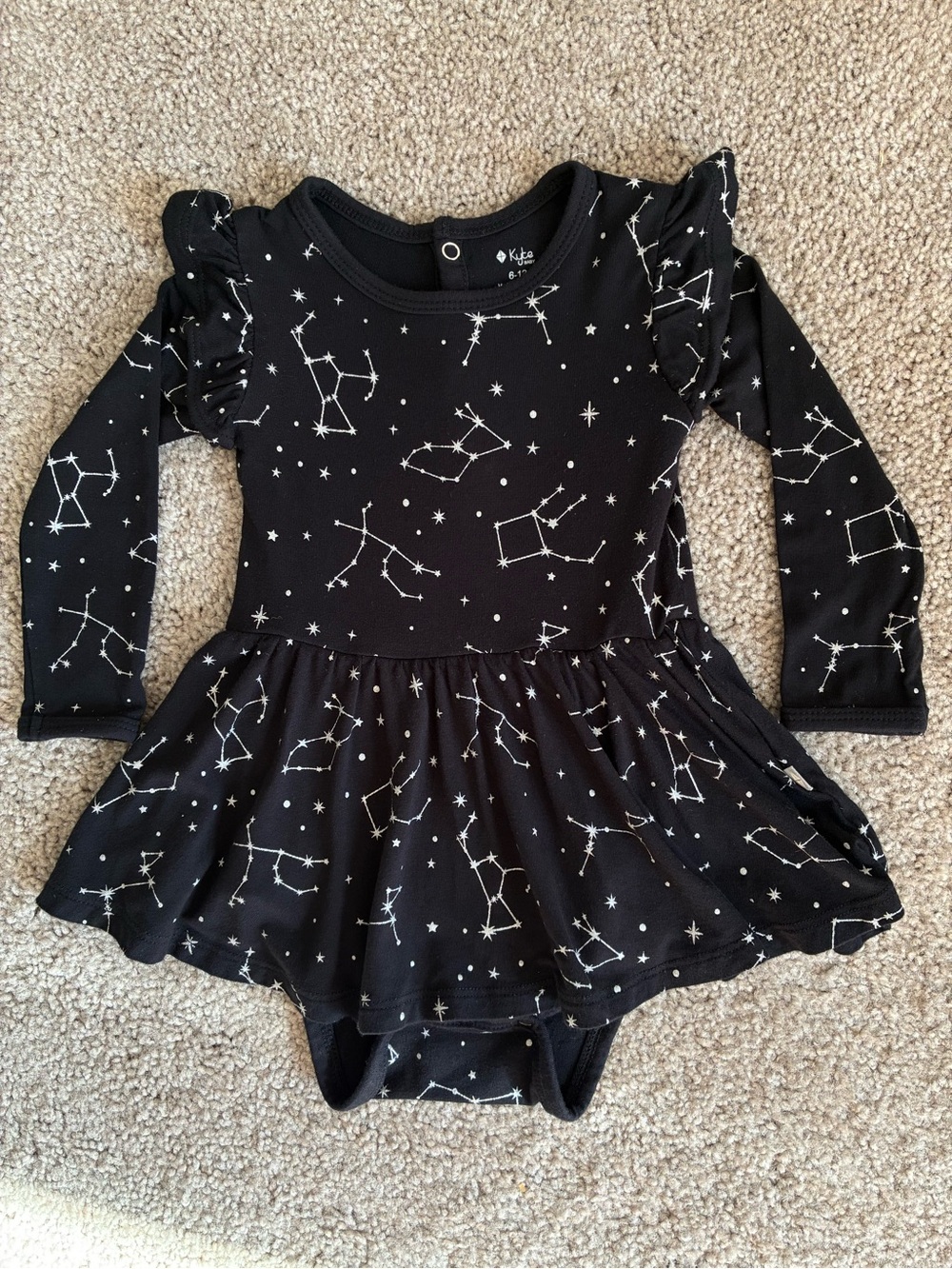Kyte Bamboo Long Sleeve Ruffle Twirl Bodysuit Dress in Midnight Constellation